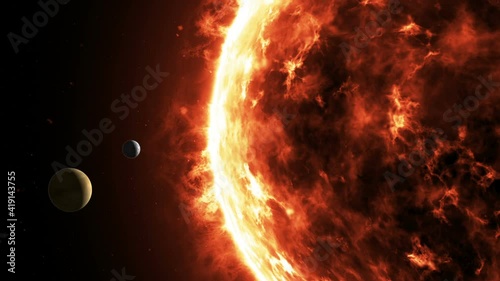 Planet Venus and Mercury slowly revolve around incendiary rotating Solar star. Magnetic storm, burning solar surface with prominences and glowing sparks on the black starry space sky