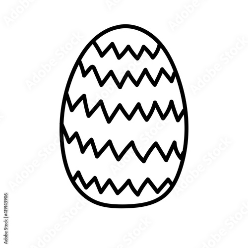 One easter egg with black zig zag, sharp edges, broken line ornament on white background. Simple Spring holiday symbols