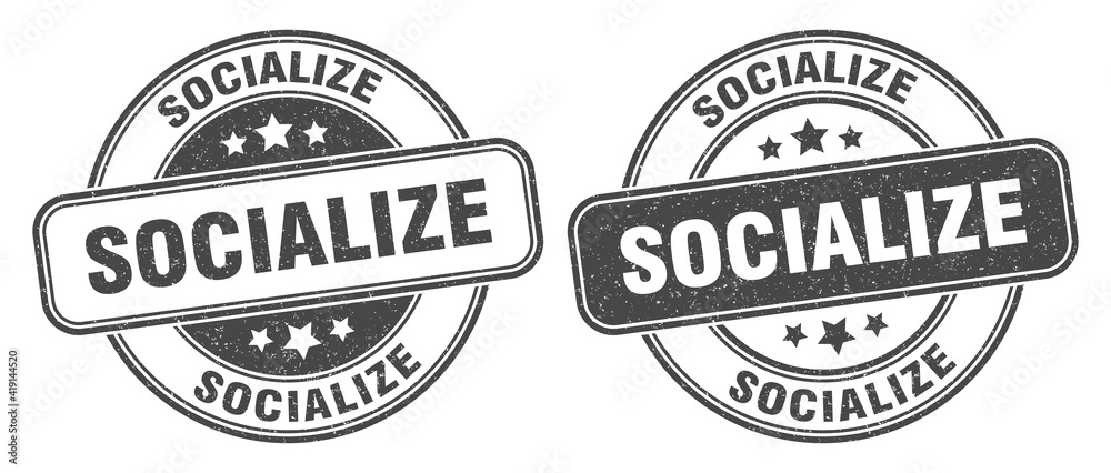 socialize stamp. socialize label. round grunge sign
