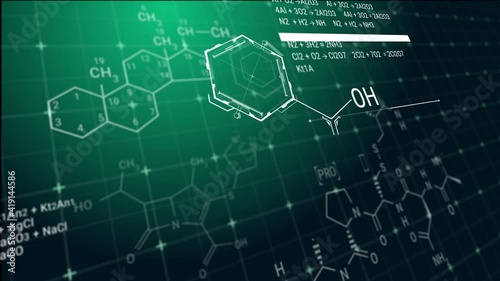 Animation of emerging chemical formulas on green background. Typing chemical reaction equations in abstract digital space.