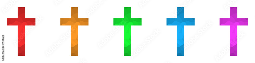 Christian cross icon. Set of crosses in triangular style. Vector religion symbol.