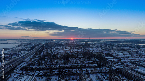 Red sun sunrise from drone