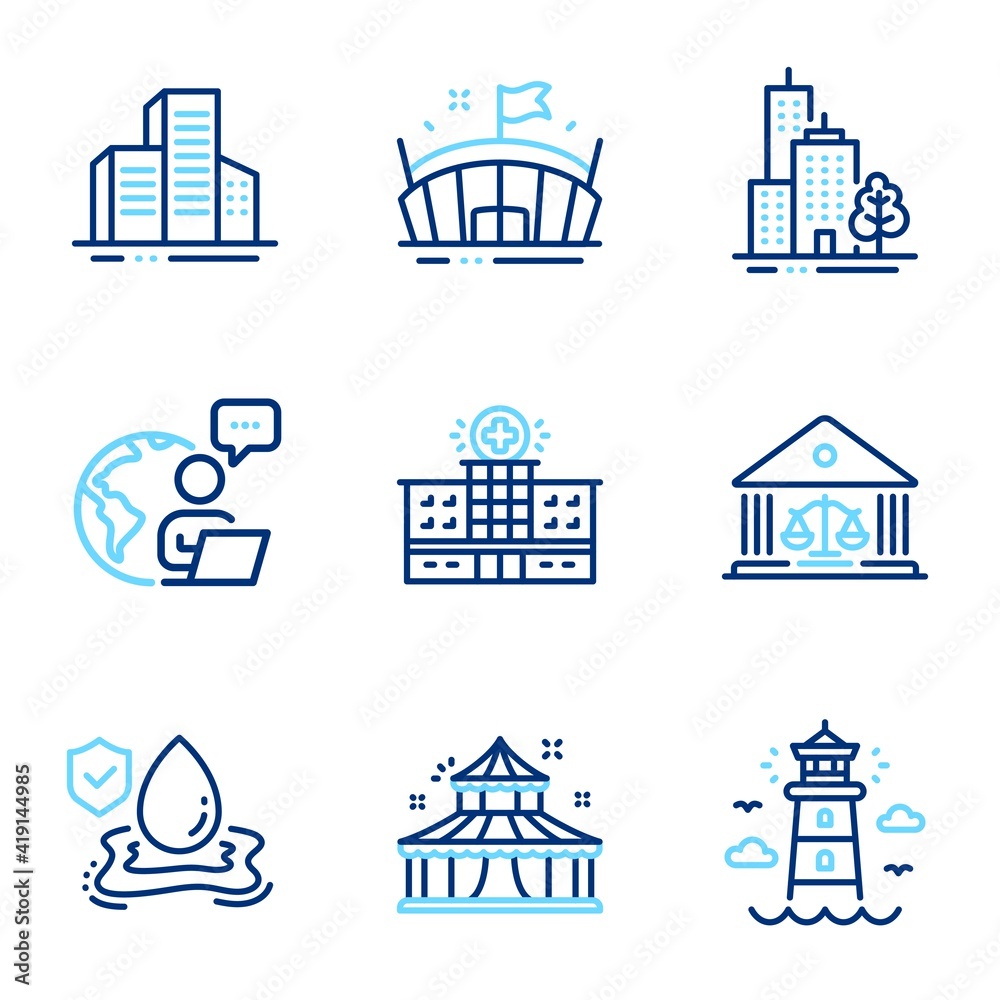 Buildings icons set. Included icon as Hospital building, Lighthouse, Buildings signs. Court building, Flood insurance, Skyscraper buildings symbols. Arena, Circus line icons. Line icons set. Vector