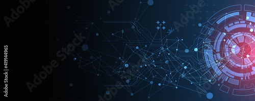 Abstract background with plexus effect. Scientific and technological concept with the use of technical elements formed in the shape of a circle.