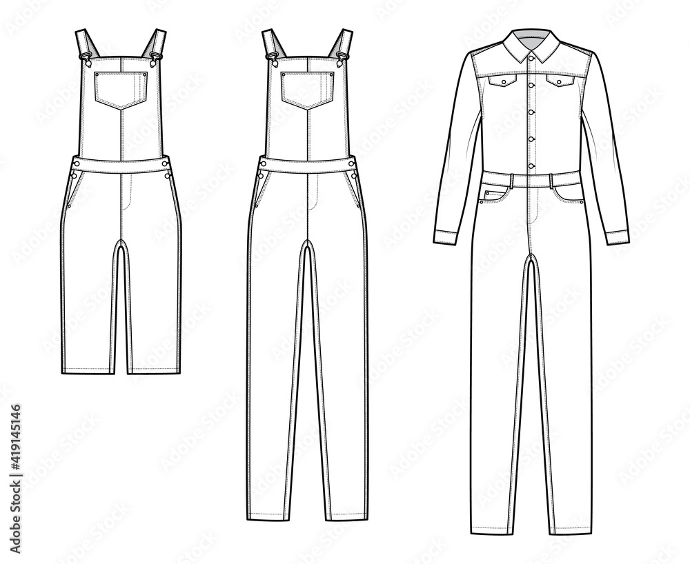 Set of Dungarees Denim overall jumpsuit technical fashion illustration with full knee length, normal waist, high rise, pockets, Rivets. Flat front, white color style. Women, men unisex CAD mockup Set of Dungarees Denim overall jumpsuit technical fashion illustration with full knee length, normal waist, high rise, pockets, Rivets. Flat front, white color style. Women, men unisex CAD mockup