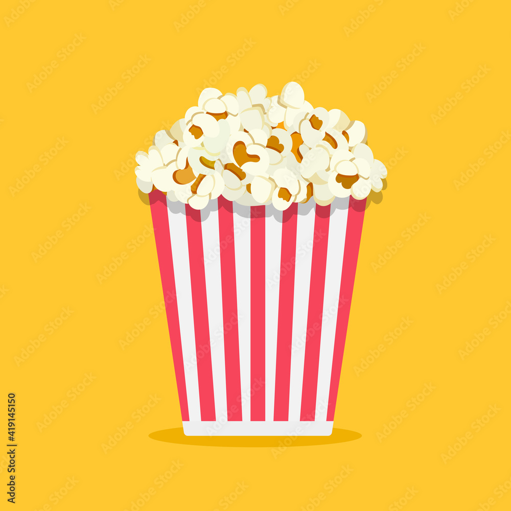 Pop corn isolated on yellowe background. Cinema icon in flat style. Snack food. Big red white strip box. Vector stock