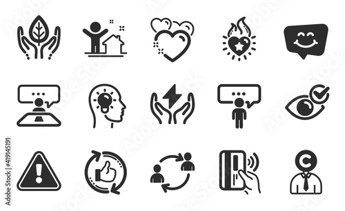 Interview job, Contactless payment and Heart flame icons simple set. User communication, Smile chat and Safe energy signs. Heart, New house and Fair trade symbols. Flat icons set. Vector