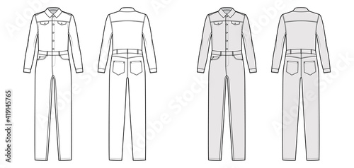 Denim overall jumpsuit Dungaree technical fashion illustration with full length, button closure, long sleeves, high rise, pockets. Flat front back, white grey color style. Women, men unisex CAD mockup