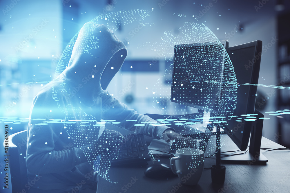 Obraz premium Cyber security innovation concept with digital earth planet on hacker with computers background
