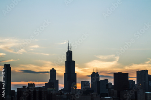 Chicago skyline with skyscrapers on the sunset