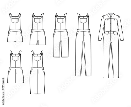 Set of Dungarees Denim overall jumpsuit dress technical fashion illustration with full knee mini length, normal waist, high rise, pockets, Rivets. Flat front, white color style. Women, men CAD mockup