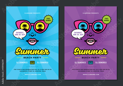 Summer beach party flyer or poster template 90s pop art style