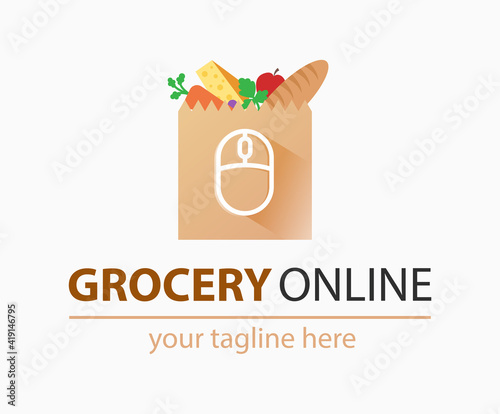 Grocery online logo. Supermarket delivery. Fresh food sign. Fast Shopping concept vector.