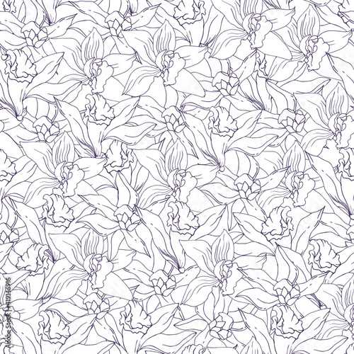 Tropical black and white seamless pattern contour vanilla flowers. Vector sketch of tropical flowers for fabric, paper, your design.