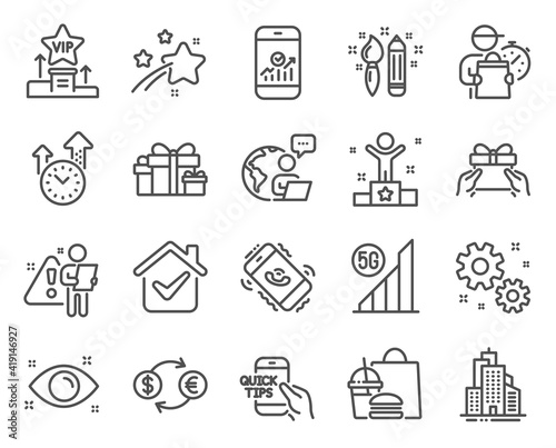 Business icons set. Included icon as Health eye  Currency exchange  Education signs. 5g wifi  Call center  Skyscraper buildings symbols. Work  Time management  Creativity. Vip podium. Vector