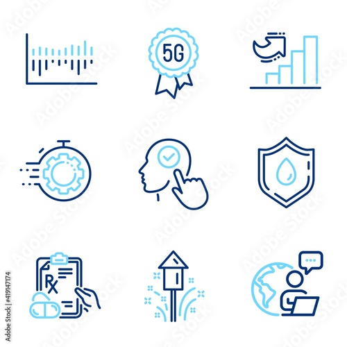 Science icons set. Included icon as Seo timer, 5g technology, Select user signs. Blood donation, Column diagram, Fireworks symbols. Growth chart, Prescription drugs line icons. Line icons set. Vector