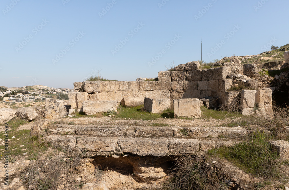 The ruins  of the outer part of the palace of King Herod - Herodion in the Judean Desert, in Israel