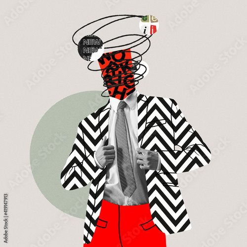 Working hard all day long. Comics styled lined white suit. Modern design, contemporary art collage. Inspiration, idea concept, trendy urban magazine style. Negative space to insert your text or ad. photo