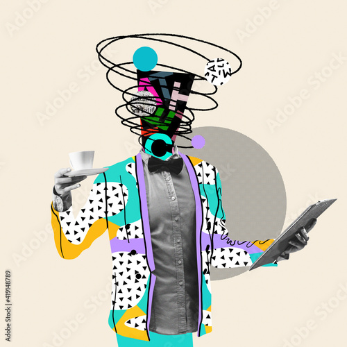 Month report. Comics styled triangled colorful suit. Modern design, contemporary art collage. Inspiration, idea concept, trendy urban magazine style. Negative space to insert your text or ad.