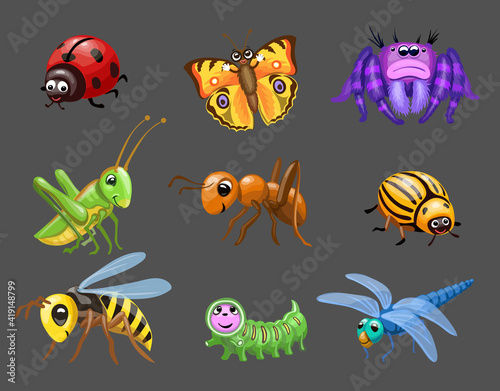 Cartoon funny bugs. caterpillar and butterfly, cute ladybug, Green grasshopper, spider children bugs, Baby insect
