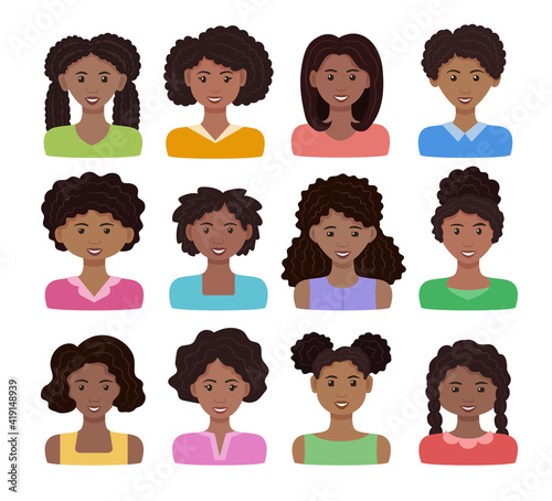 African woman avatar set. Vector illustration. Black happy girls with different hairstyles. Female face cartoon icons. Isolated on white background