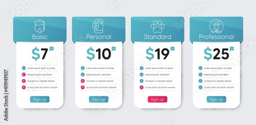 Dog paw, Medical phone and Drop counter line icons set. Price table chart, business plan template. Recovered person sign. Pets, Mobile medicine, Medical equipment. Quarantine. Healthcare set. Vector