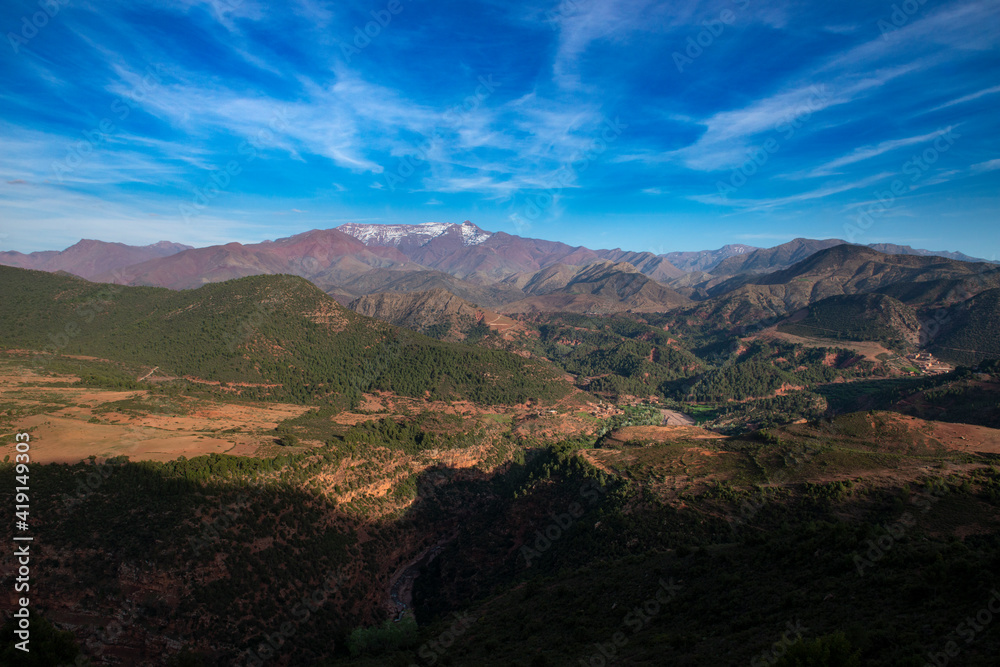 Scenic view of a valley at the Atlas Mountains in Morocco, North Africa