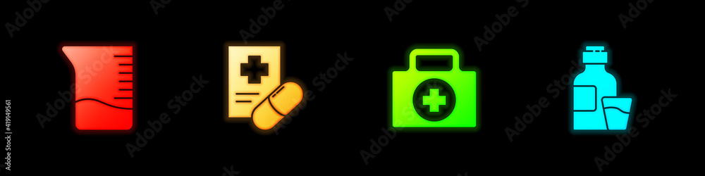 Set Measuring cup, Medical prescription, First aid kit and Bottle of medicine syrup icon. Vector. Set Measuring cup, Medical prescription, First aid kit and Bottle of medicine syrup icon. Vector.