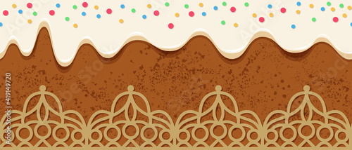 Panettone. Glazed easter cake. Horizontal  seamless pattern  with cream frosting. Traditional Kulich. Border with pastries decorated with a patterned ribbon. Vector illustration