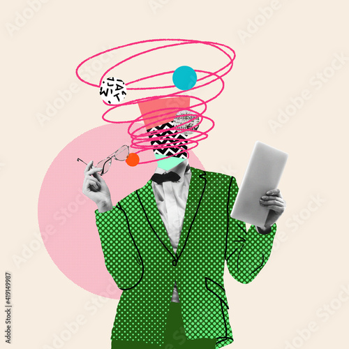 Reading news on tablet. Comics styled green dotted suit. Modern design, contemporary art collage. Inspiration, idea concept, trendy urban magazine style. Negative space to insert your text or ad. photo