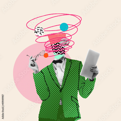 Reading news on tablet. Comics styled green dotted suit. Modern design, contemporary art collage. Inspiration, idea concept, trendy urban magazine style. Negative space to insert your text or ad.