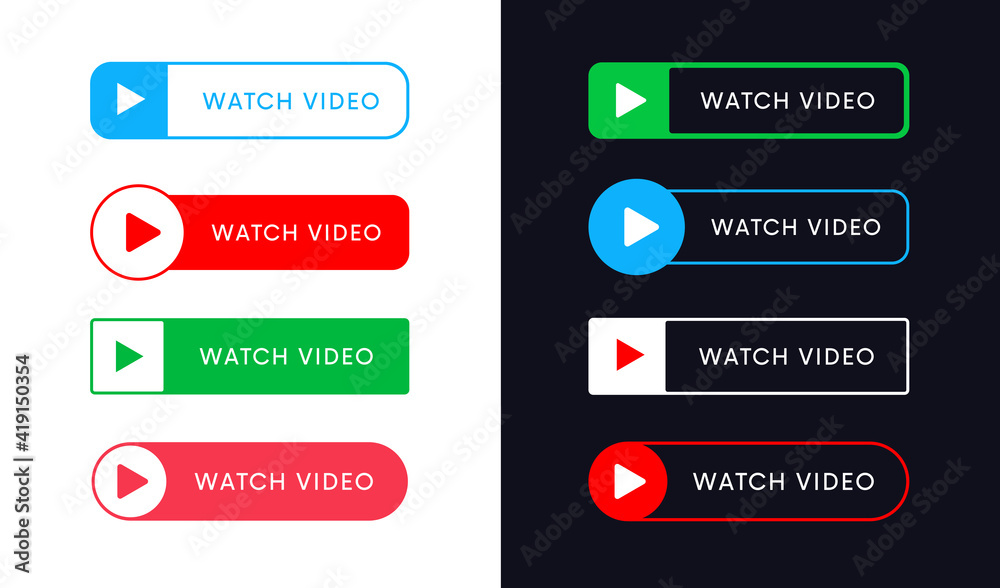 Set of Watch Video Now Vector Buttons. Play banner icon. UI elements. Set of Watch Video Now Vector Buttons. Play banner icon. UI elements.