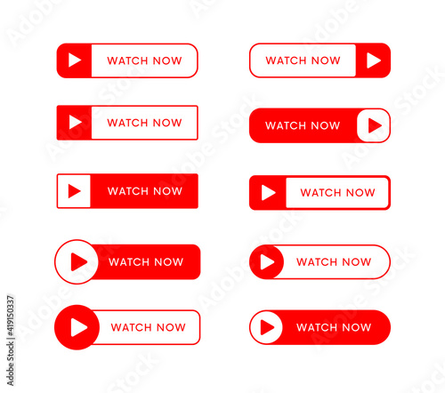 Set of Watch Now Vector Buttons. Play Video Banners Collection. Ui web elements.