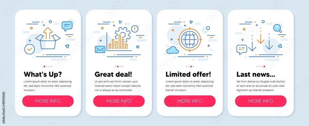 Set of Technology icons, such as Seo internet, Send box, Seo graph symbols. Mobile app mockup banners. Scroll down line icons. Globe, Delivery package, Analytics chart. Swipe screen. Vector