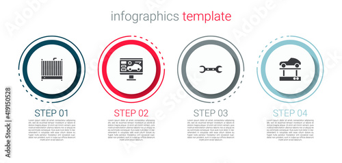 Set Car radiator cooling system, Diagnostics condition of car, Wrench spanner and Repair lift. Business infographic template. Vector.