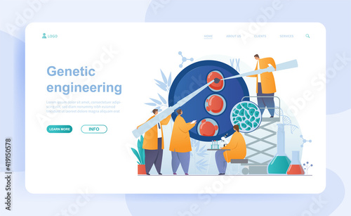 Male and female characters are working on genetic engineering. Group of scientists studying genes in laboratory as a team. Website, web page, landing page template. Flat cartoon vector illustration