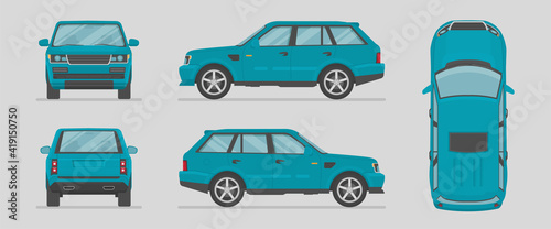 Vector SUV. Blue car from different sides. Side view, front view, back view, top view. Cartoon car in flat style.