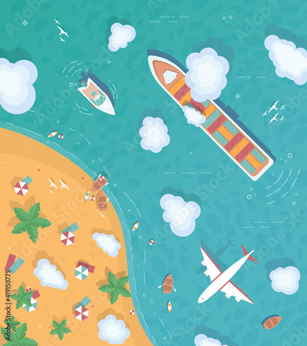 Illustration of an island in the middle of the ocean. Flat style. Top view. Container ship, cargo ship, yacht. The plane is flying over the ocean. Summertime - sea, sand, umbrellas, palm, surfing.