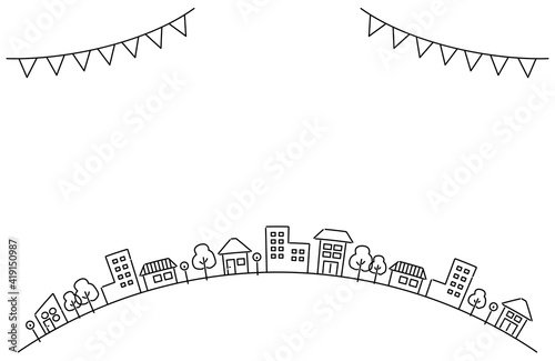 線画のおしゃれな町並みとガーランド　カーブ　背景