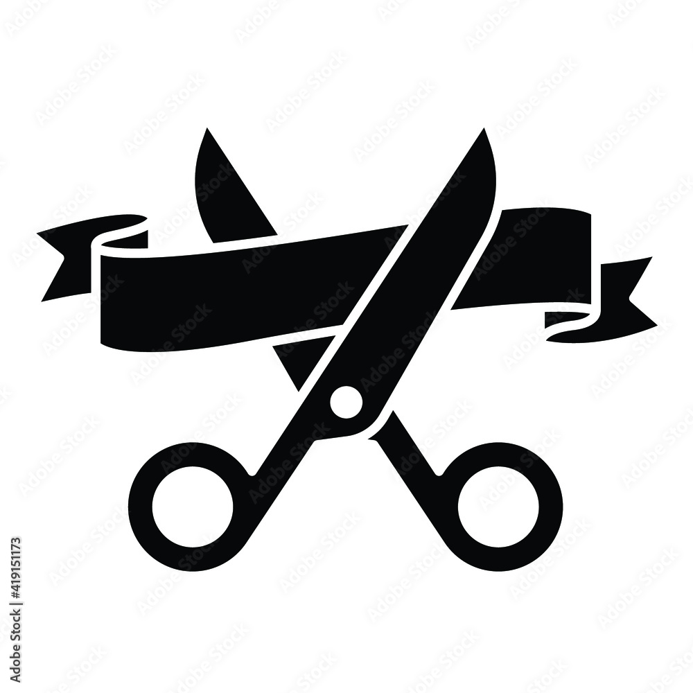 Grand opening glyph icon. Simple solid style for web and mobile app design element. Open, ribbon, cut, scissor, inauguration, ceremony concept. Vector illustration isolated. EPS 10. Grand opening glyph icon. Simple solid style for web and mobile app design element. Open, ribbon, cut, scissor, inauguration, ceremony concept. Vector illustration isolated. EPS 10.