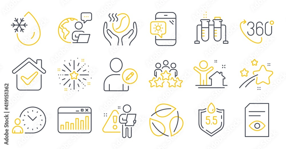 Set of Business icons, such as Freezing water, Ph neutral, View document symbols. 360 degree, Coffee, Fireworks explosion signs. Business meeting, Leaves, Chemistry beaker. Edit user. Vector Set of Business icons, such as Freezing water, Ph neutral, View document symbols. 360 degree, Coffee, Fireworks explosion signs. Business meeting, Leaves, Chemistry beaker. Edit user. Vector