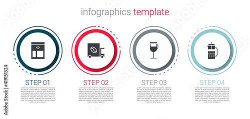 Set Bag of coffee beans, Coffee street truck machine, Irish and French press. Business infographic template. Vector.