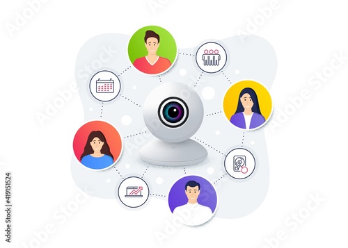 Set of Business icons, such as Calendar, Friendship, Recovery hdd symbols. Web camera remote streaming. Online video conference banner. Sales diagram line icons. Vector