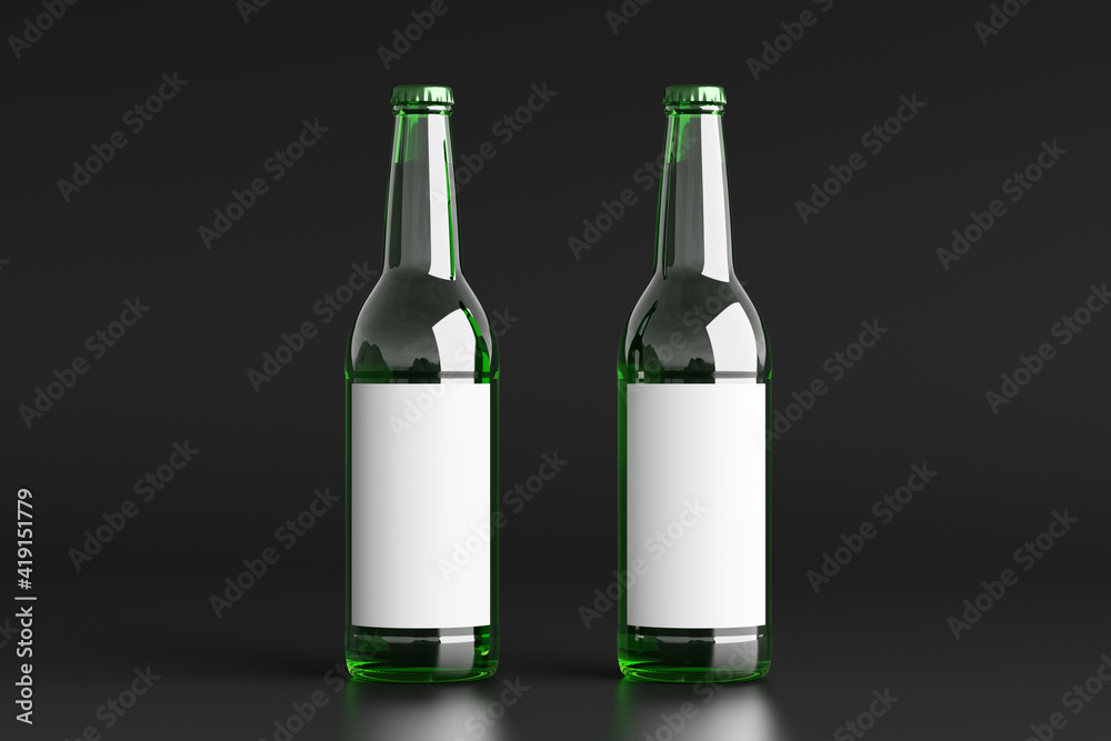 Two beer bottles 500ml mock up with blank label on black background. Two beer bottles 500ml mock up with blank label on black background.