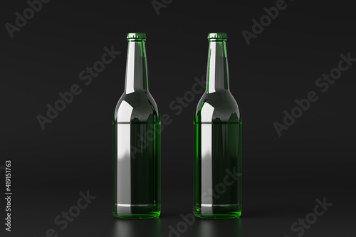 Two beer bottles 500ml mock up on black background.