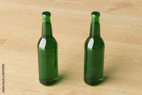 Two beer bottles 500ml mock up on wooden background.