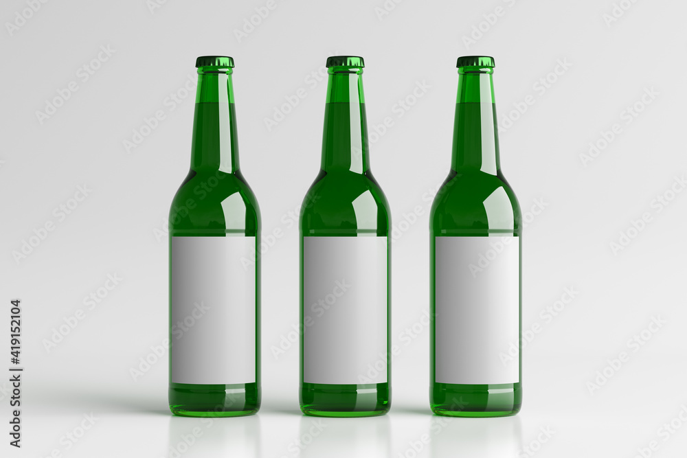Three beer bottles 500ml mock up with blank label on white background. Three beer bottles 500ml mock up with blank label on white background.