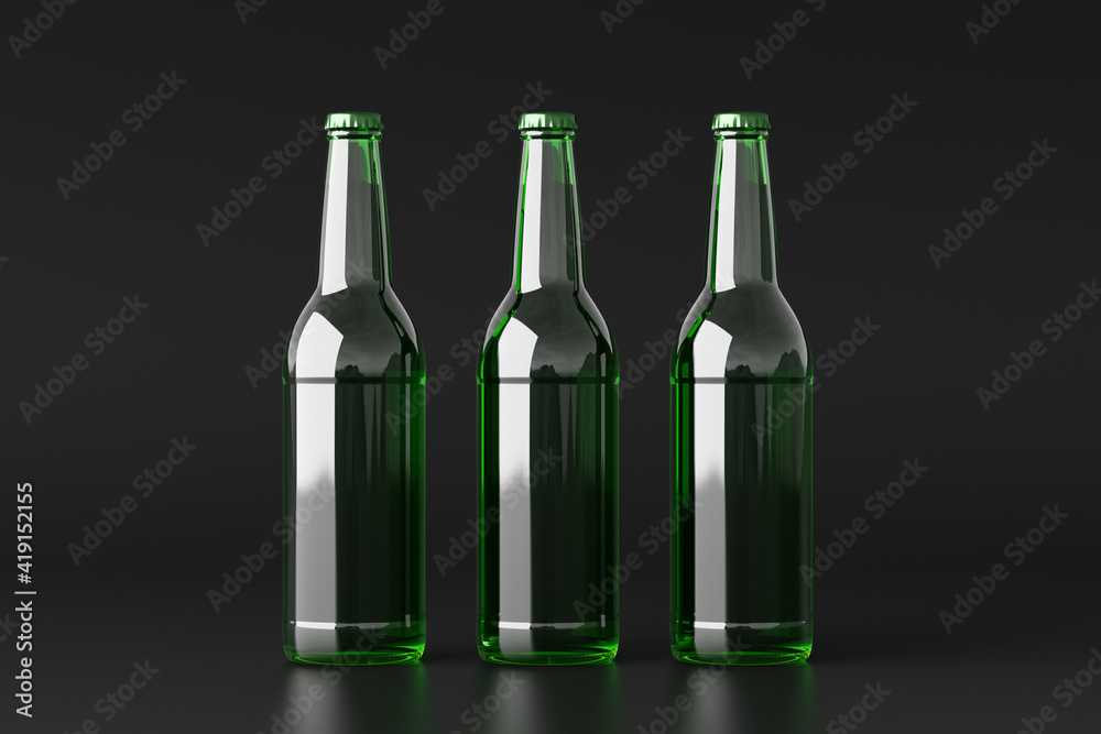 Three beer bottles 500ml mock up on black background. Three beer bottles 500ml mock up on black background.