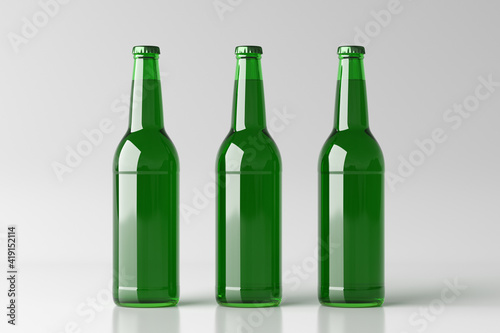 Three beer bottles 500ml mock up on white background.