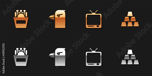 Set Potatoes french fries in box, Eagle head, Retro tv and Gold bars icon. Vector.